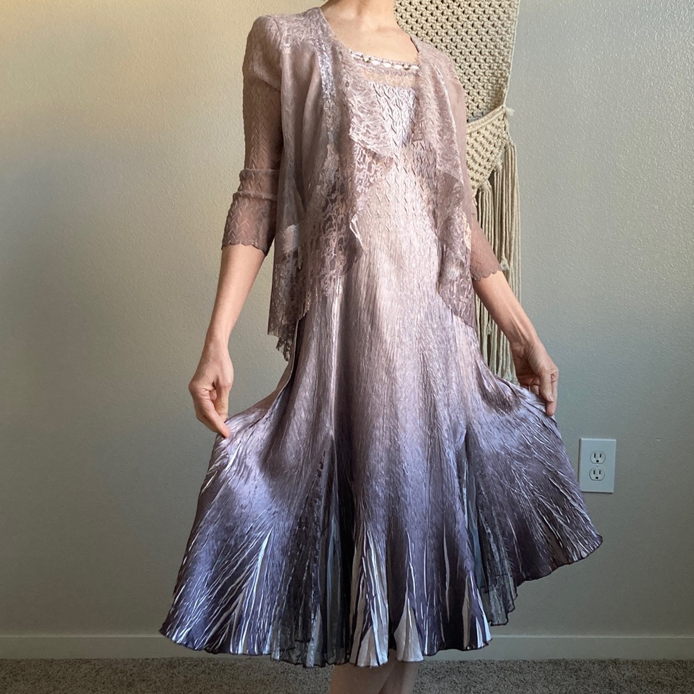 Komorav Crinkle Dress Sheer lace Jacket Beaded Fairycore Whimsigoth Boho sz SP